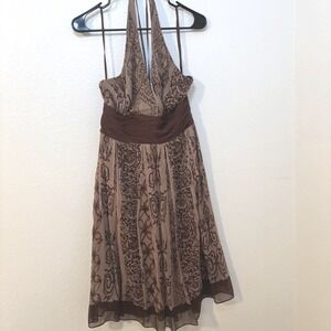 Anne Klein 100% Silk Halter Knee Length Dress Backless Sz 8 Brown